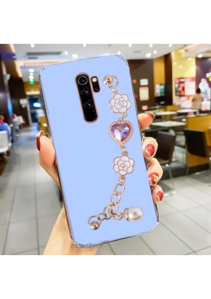 Xiaomi Redmi Note 8 Pro Kılıf Kamera Korumalı Parlak Gold Kenar Kristal Taşlı Arkası Bileklikli Tutacaklı Silikon