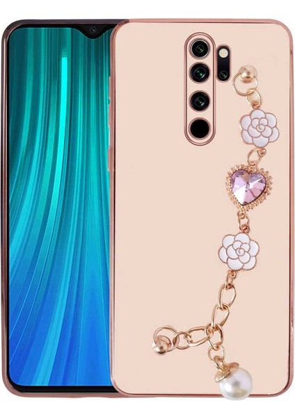 Xiaomi Redmi Note 8 Pro Kılıf Kamera Korumalı Parlak Gold Kenar Kristal Taşlı Arkası Bileklikli Tutacaklı Silikon