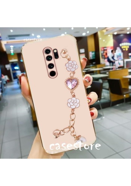 Xiaomi Redmi Note 8 Pro Kılıf Kamera Korumalı Parlak Gold Kenar Kristal Taşlı Arkası Bileklikli Tutacaklı Silikon