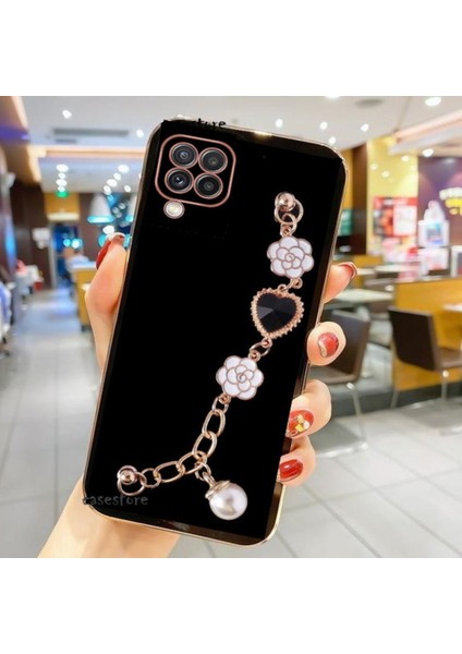 A12 Kılıf Kamera Korumalı Parlak Gold Kenar Kristal Taşlı Arkası Bileklikli Renkli Tutacaklı Silikon