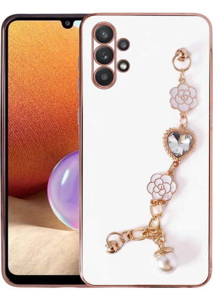 MTK Moveteck Samsung Galaxy A32 Kılıf Kamera Korumalı Parlak Gold Kenarlı Kristal Taşlı Arkası Bileklikli Tutacaklı Silikon