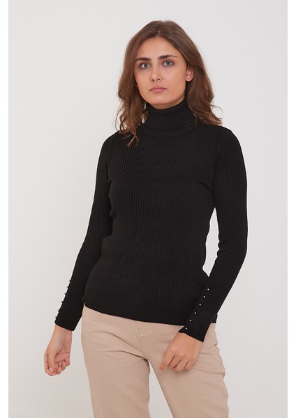 Boğazlı Fitilli Kazak Siyah