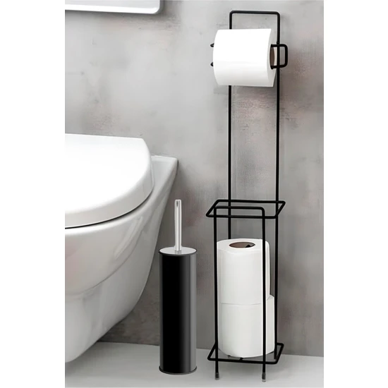 Sas Ayaklı Wc Kağıtlı Yedek Kağıt Hazneli Tuvalet Kağıtlığı Wc Tuvalet Fırçası Siyah