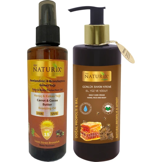 Naturix Kakao & Havuç Yağı Spf 15 Yoğun Bronzlaştırıcı Yağ 200 ml Sprey + Doğal Propolis & Bal Özlü 250 ml Organik Günlük Bakım Kremi