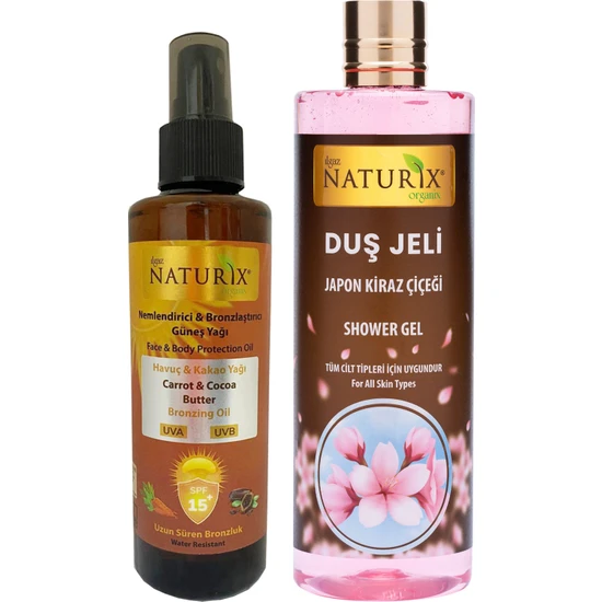 Naturix Kakao & Havuç Yağı Spf 15 Yoğun Bronzlaştırıcı Yağ 200 ml Sprey + Organik Japon Kirazı Duş Jeli 400 ml