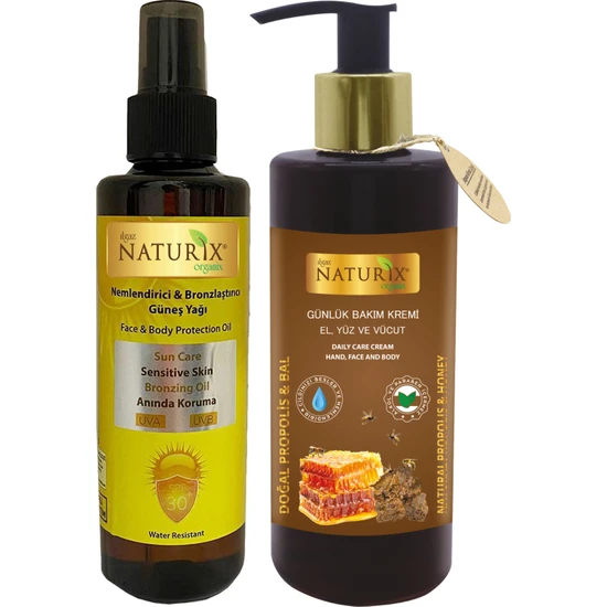 Naturix Bronzlaştırıcı Spf 30 Hassas Ciltlere Özel Portakal Yağlı Güneş Yağı 200 ml + Propolis & Bal Özlü 250ML Günlük Bakım Kremi