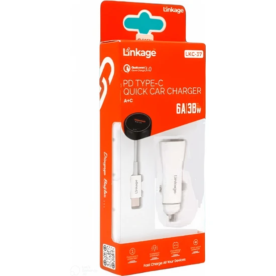 Linkage 38W/6A Araç Çakmaklık Hızlı Şarj Aleti Type-C ve USB Girişli Type-C To Type-C Kablo