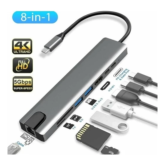 Comse Macbook Pro Air Uyumlu USB Type-C 8 Hub Dönüştürücü Çevirici Çoklayıcı USB Hdmı Micro Sd 8 Girişli