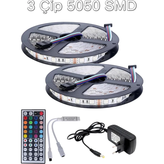 EVİMLED Rgb LED 10 Metre 44 Tuş Kumanda 5050 Smd 3 Çip Tak Çalıştır Set Slikonsuz Iç Mekan