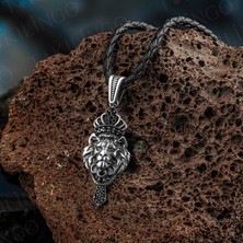 Takılingo 925 Ayar Gümüş Mikro Taşlı Kral Tacı Aslan Motifli Orijinal Deri Ipli Erkek Kolye