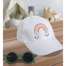 BK Kids Boho Tasarımlı Beyaz Cotton Çocuk Şapkası ve Yeşil Çocuk Güneş Gözlüğü Hediye Seti