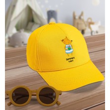 BK Kids Summer Vibes Tasarımlı Sarı Cotton Çocuk Şapkası ve Sarı Çocuk Güneş Gözlüğü Hediye Seti-1