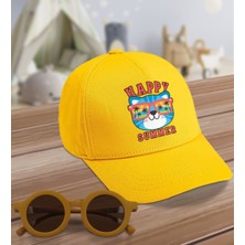 BK Kids Happy Summer Tasarımlı Sarı Cotton Çocuk Şapkası ve Sarı Çocuk Güneş Gözlüğü Hediye Seti