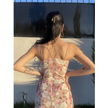 Flower Ön Çapraz Çiçekli Pembe Elbise