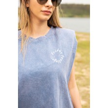 Berse Butik Indigo Yıkamalı Vatkalı Kolsuz T-Shirt