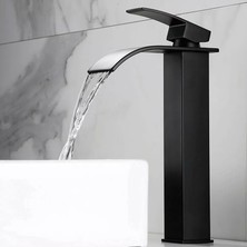 Rena Siyah Kare Çanak Lavabo Bataryası Oval Çıkış Şelale Model Uzunyüksek Lavabo Musluğu Çift Girişli