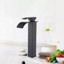 Rena Siyah Kare Çanak Lavabo Bataryası Oval Çıkış Şelale Model Uzunyüksek Lavabo Musluğu Çift Girişli
