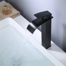 Rena Siyah Kare Çanak Lavabo Bataryası Oval Çıkış Şelale Model Uzunyüksek Lavabo Musluğu Çift Girişli