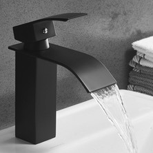 Rena Siyah Kare Lavabo Bataryası Oval Çıkış Şelale Model Yüksek Kalite Lavabo Musluğu Çiftgirişli Armatür