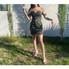 Flower Gül Desenli Elbise Yeşil