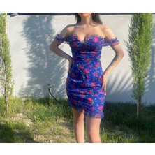 Flower Gül Desenli Elbise Mavi