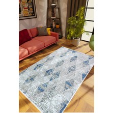 10 Post Online Salon Halısı Modern Eskitme Baklava Desen Gri Mavi Kaydırmaz Yıkanabilir Ince Halı Tüysüz Kilim