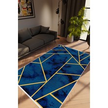 10 Post Online Salon Halısı Modern Geometrik Altın Lacivert Gold Kaydırmaz Kesme Yıkanabilir Ince Halı Tüysüz Kilim
