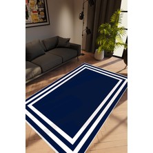 10 Post Online Salon Halısı Modern Çizgili Lacivert Beyaz Kaydırmaz Kesme Yıkanabilir Ince Halı Tüysüz Kilim