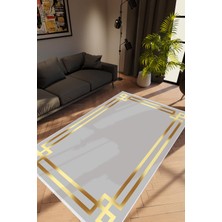 10 Post Online Salon Halısı Modern Çizgili Altın Gri Gold Kaydırmaz Kesme Yıkanabilir Ince Halı Tüysüz Kilim