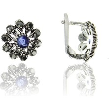 Doğan Silver Doğan Silverkadın Gümüş Markazit ve Kök Safir Taşlı Oval Modeli Küpe DGN20448