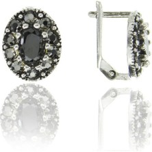 Doğan Silver Doğan Silverkadın Gümüş Markazit ve Onix Taşlı Oval Model Küpe DGN20444