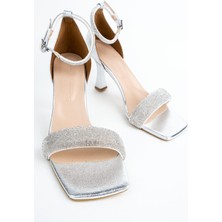 Modabuymus Toffyx Gümüş Taşlı Geniş Bantlı Topuklu Abiye Ayakkabı