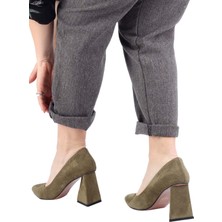 Modabuymus Yeşil Süet Stiletto Üçgen Kalın Topuklu Ayakkabı - Ikon