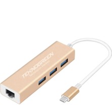 Teknogreen Mackbook Type-C 3.0 USB Çoklayıcı + Gigabit Ethernet Adaptör TKU-445