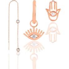 Söğütlü Silver Gümüş Rose Zirkon Taşlı Kombin Üçlü Küpe Seti