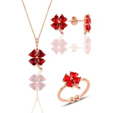 Söğütlü Silver Gümüş Rose Kırmızı Taşlı Yonca Kolye Küpe ve Yüzük Üçlü Set