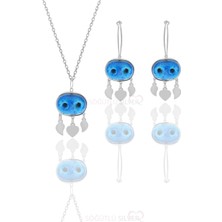 Söğütlü Silver Gümüş Süryani Nazar Boncuğu Kolye ve Küpe Ikili Set