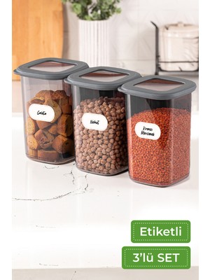 Vienev Etiketli Foly Kare Erzak Saklama Kabı 3'lü Set Orta Boy 1,2 Litre Antrasit Mikrodalgada Kullanılabilir