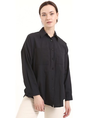 Rays Kadın Siyah Önü Düğmeli Gömlek Klasik Stil Düz Renk Terikoton Kumaş Özelliği