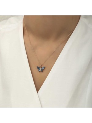 Gumush Gümüş Antrasit Kaplangözü Taşlı Kelebek Kolye