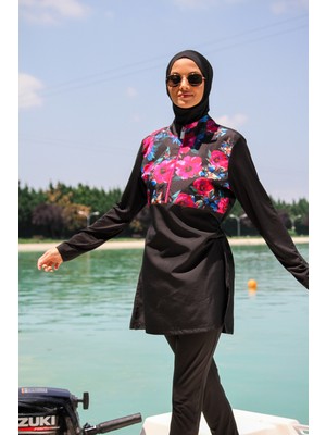Marina Siyah Kadın Çiçek Desenli Tasarım Tesettür Mayo M2268