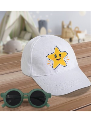 BK Kids Sevimli Yıldız Tasarımlı Beyaz Cotton Çocuk Şapkası ve Yeşil Çocuk Güneş Gözlüğü Hediye Seti