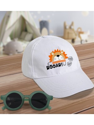 BK Kids Roar Tasarımlı Beyaz Cotton Çocuk Şapkası ve Yeşil Çocuk Güneş Gözlüğü Hediye Seti