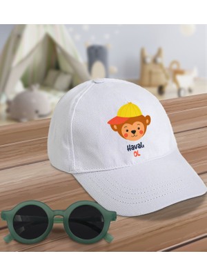 BK Kids Havalı Ol Tasarımlı Beyaz Cotton Çocuk Şapkası ve Yeşil Çocuk Güneş Gözlüğü Hediye Seti
