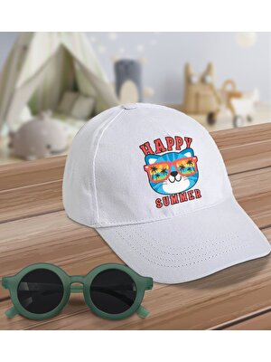 BK Kids Happy Summer Tasarımlı Beyaz Cotton Çocuk Şapkası ve Yeşil Çocuk Güneş Gözlüğü Hediye Seti