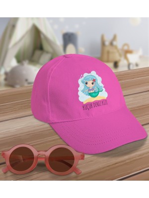 BK Kids Küçük Deniz Kızı Tasarımlı Pembe Cotton Çocuk Şapkası ve Pembe Çocuk Güneş Gözlüğü Hediye Seti