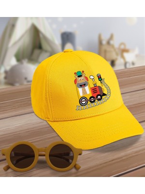 BK Kids Sevimli Zürafa Tasarımlı Sarı Cotton Çocuk Şapkası ve Sarı Çocuk Güneş Gözlüğü Hediye Seti