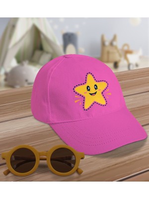 BK Kids Sevimli Yıldız Tasarımlı Pembe Cotton Çocuk Şapkası ve Sarı Çocuk Güneş Gözlüğü Hediye Seti