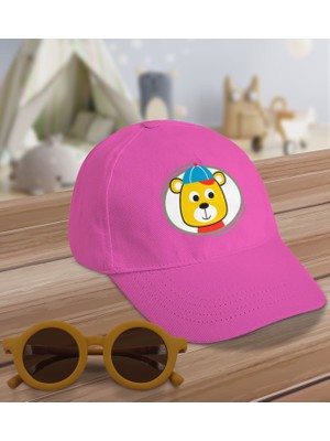 BK Kids Sevimli Ayı Tasarımlı Pembe Cotton Çocuk Şapkası ve Sarı Çocuk Güneş Gözlüğü Hediye Seti