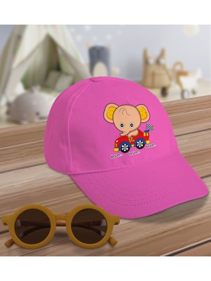 BK Kids Yarışçı Fil Tasarımlı Pembe Cotton Çocuk Şapkası ve Sarı Çocuk Güneş Gözlüğü Hediye Seti